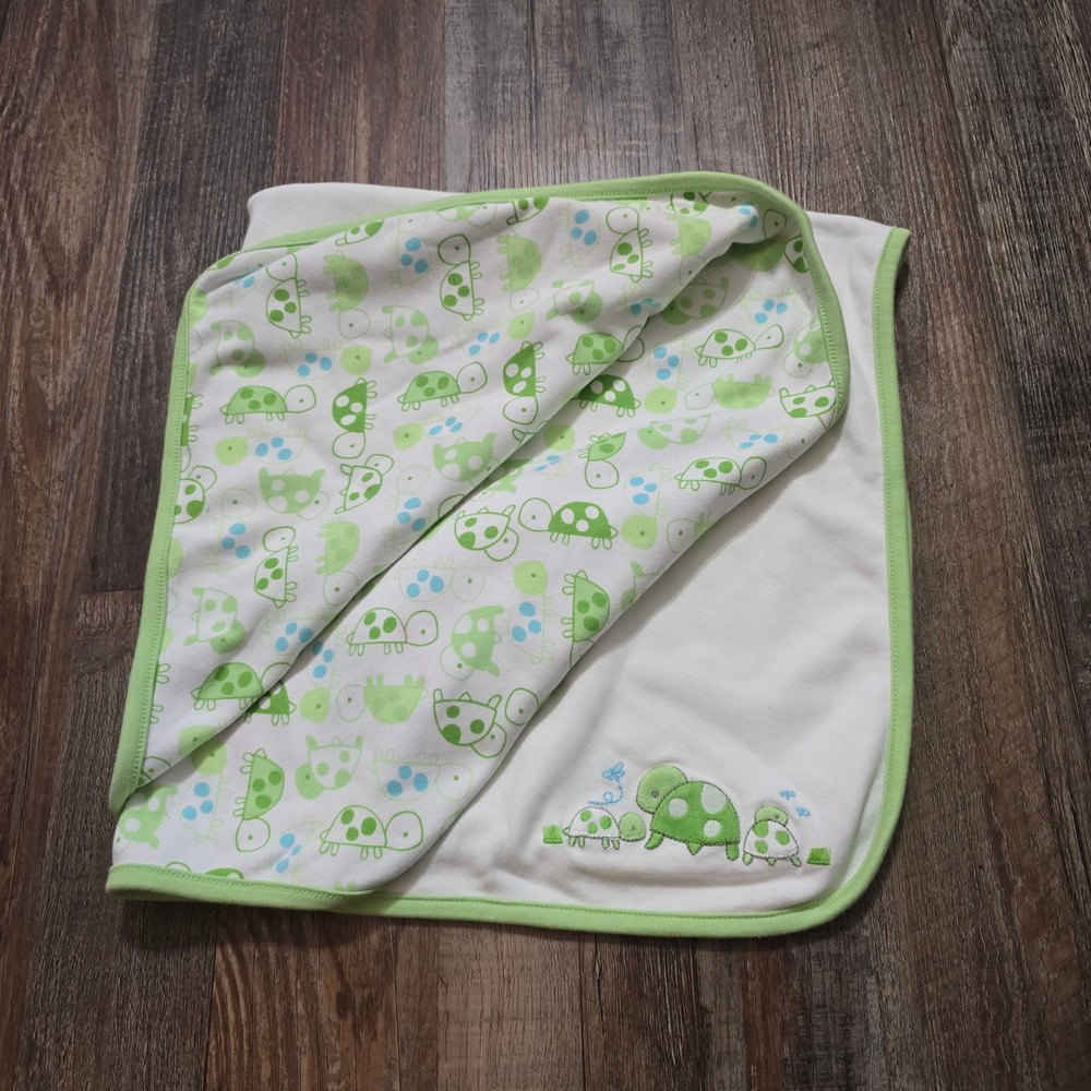 Gymboree Turtle Reversible Baby Blanket Unisex One Size Green White Cotton Print